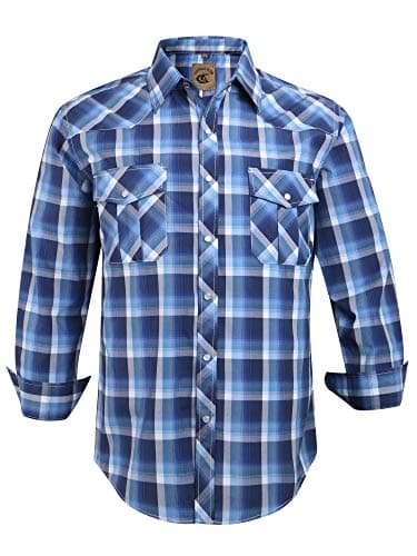 Image of COEVALS CLUB Mens Shirts Long Sleeve Casual Push Button Plaid Suit Regular Fit Western Cowboy Pearl Snap Two Pockets Work Derss Button Up Shirts(Blue Indigo & White #36 L)