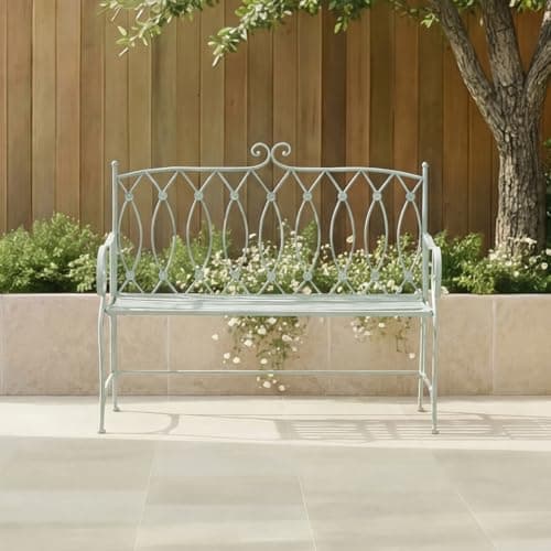 Image of CHARLES BENTLEY Garden Bench, Heritage Green, Rustic Metal, Decorative, Lightweight, Weather Resistant, Outdoor, Patio, Balcony, Decorative Seating, Easy to Move, Modern Rustic, 2 Seater (104x92.5cm)
