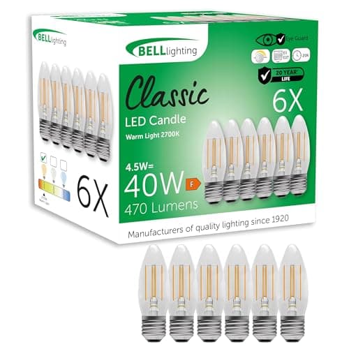 Image of BELL Lighting E27 Dimmable LED Filament Candle Bulbs 6 Pack | Warm White 2700K | 470lm 4.5W | Energy Saving Lightbulbs | 40W Equivalent | Clear Glass Candle Lamp | Edison Screw ES Base