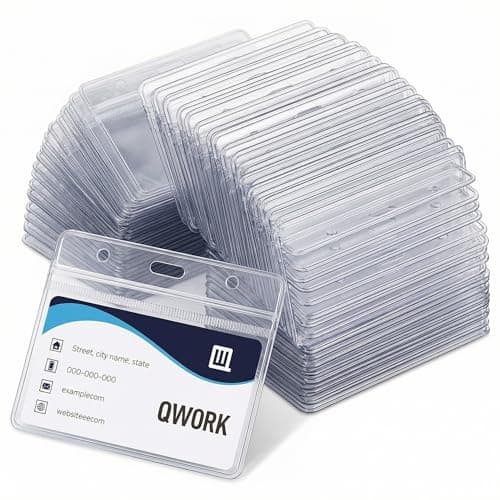 Image of QWORK® Pack of 100 Horizontal Card Holder for Lanyard, Thickened 0.56mm Plastic Name Tag Badge ID Card Holder 100x82 mm for Card Size 88x57 mm (3.5"x2.2")