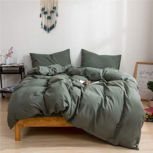 Image of Ruccit Sage Green Duvet Cover Set Double Bed 100% Washed Cotton Double Duvet Cover Kids Teens 3pcs Simple Plain Farmhouse Bedding Set Zipper Closure-Soft,Easy Care,Breathable