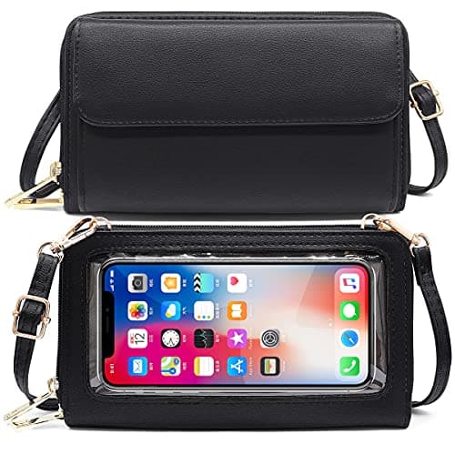 Image of HNOOM Women's Black Crossbody Phone Bag, RFID Blocking, Touchscreen, 20.5 x 5 x 12 cm, Fits Phones Under 6.7 Inch