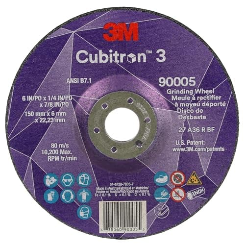 Image of 3M Cubitron 3 Depressed Center Grinding Wheel, 90005, 36+, T27, 6 in x 1/4 in x 7/8 in, Pack of 10, ANSI, Precision Shaped Grain, Beveling, Weld Grinding, Heavy Deburring, Slag Removal