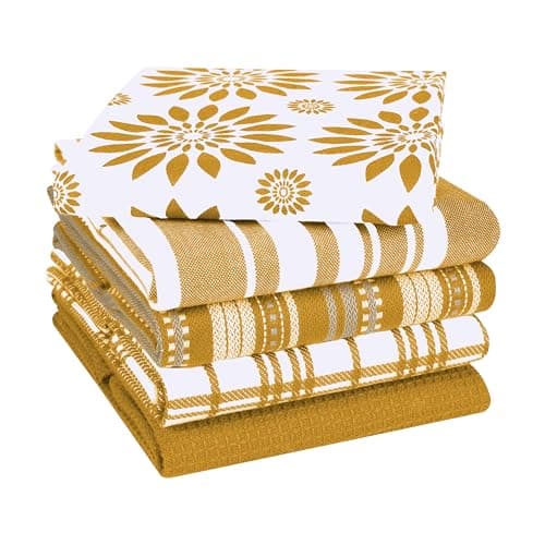 Image of CottonCove Assorted Kitchen Towels Large 40x66 cm 100% Cotton Set of 5 - Soft Absorbent Washable Tea Towels for Kitchen - Dish Cloths with Hanging Loop - Quick Drying Towel Yellow Mustard