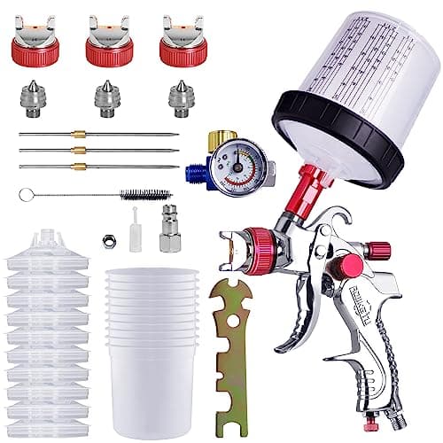 Image of HVLP Spray Gun, Paint Sprayer with 10pcs 600ML Disposable Cups&Pressure Gauge, Car Spray Gun Kit with 3 Nozzles 1.4/1.7/2mm Nozzle Paint Mixing Quick Cup for home (Red)