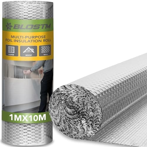 Image of BLOSTM Foil Insulation Roll 1m x 10m - Radiator Reflector Panels for Floor, Ceiling, Roof, Wall Insulation - Aluminium Bubble Radiator Reflective Foil Roll - Heat & Vapour Barrier Saves Energy