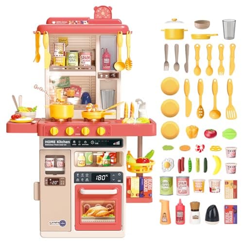 Image of deAO Kitchen Playset Toy with Realistic Lights & Sounds, Kids Play Kitchen Set with Simulation of Spray Features, Pretend Role Play Toys with Lots of Kitchen Accessories Gift for Toddlers (Pink)