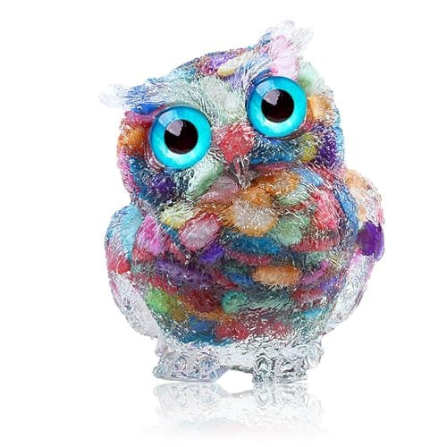 Image of Colorful Owl Crystal Figure Cute Healing Birthday Valentine Thanksgiving Gift for Friends Family Women Mini Birds Statues Ornaments Home Office Table Desk Bedroom Animal Carved Resin Stone Decorative