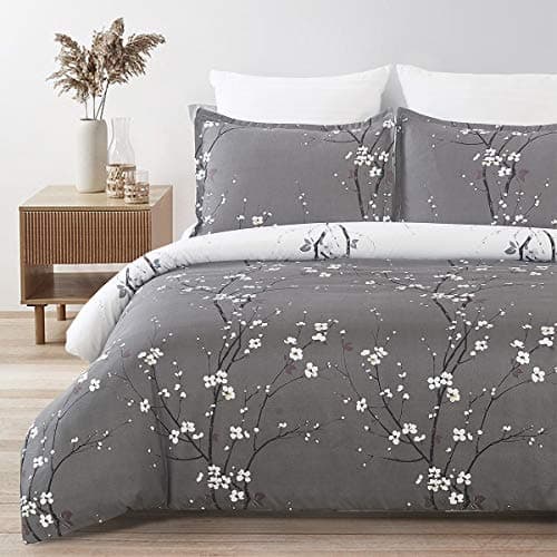 Image of YEPINS Soft Quilt Duvet Cover Set with Zipper Closure and Corner Ties, Tree Branch Printed Pattern, Grey and White Colour, Reversible Design- Brushed Microfiber Super King Size(260X220CM)