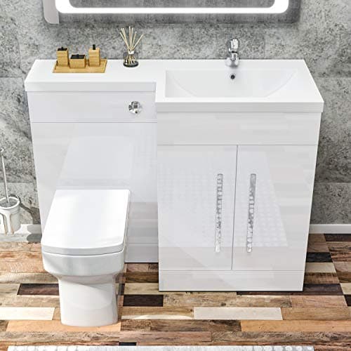 Image of ELEGANT 1100mm L Shape Bathroom Vanity Sink Unit Furniture Storage,Right Hand High Gloss White Vanity unit + Basin + Ceramic Square Toilet with Concealed Cistern