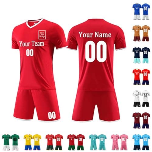 Image of Personalised Football Kits for Boys Football Shirt with Custom Number Logo Name Customisable Jersey & Shorts Set Teenagers Training Shirts Sports Kits Customised Kids Football Kit Red 120