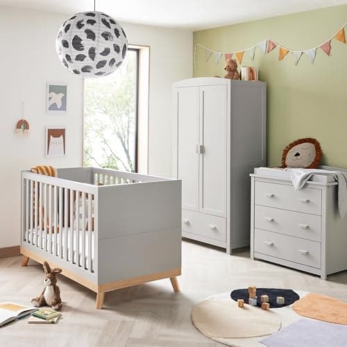 Image of Babymore Mona 3 Piece Nursery Room Set Grey - 1 Baby Cot Bed & One 2 Door Wardrobe Having Full Size Drawer & 1 Chest Changer, Chest Of Drawer Storage Cabinet With Removable Changer Top | 3 Piece Set