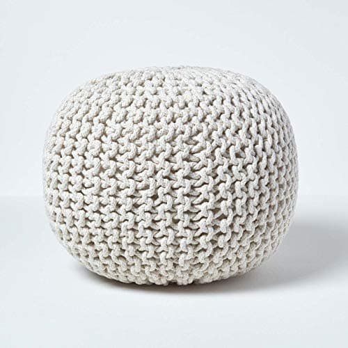 Image of HOMESCAPES Natural Knitted Pouffe Footstool Bean Filled 100% Cotton for Living Room Children or the Elderly