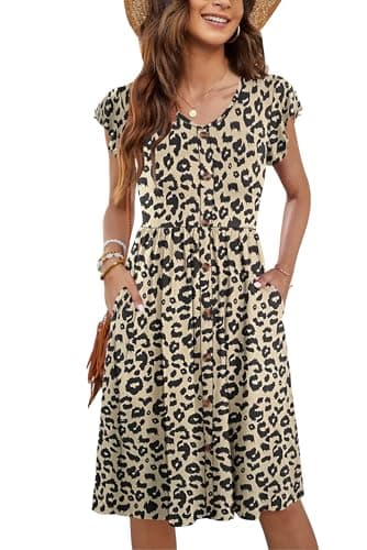 Image of MOLERANI Women Summer Dresses V Neck Ruffle Sleeve Casual Swing Elastic Waist Midi Dress with Pockets Leopard XL