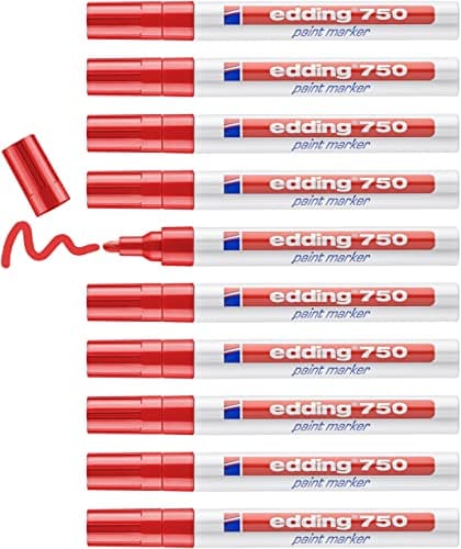 Image of edding 750 paint marker - red - 10 pens - round tip 2-4 mm - paint marker for marking and labelling metal, glass, rocks or plastic - heat-resistant, permanent, smudge-proof and waterproof
