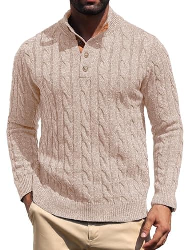 Image of QIXING Mens Cable Knit Henley Jumper Stand Collar Button Pullover with Suede Patches Classic Casual Warm Jumper(VG Khaki, L)