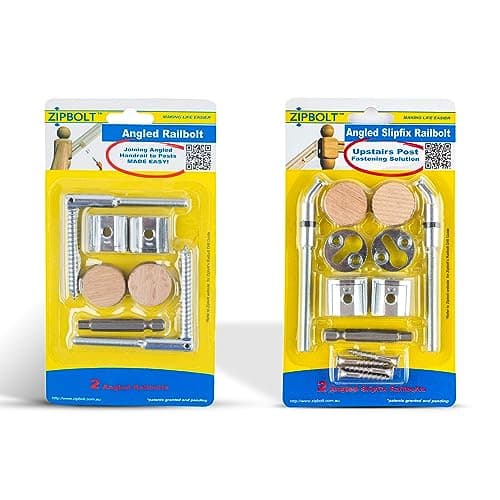 Image of Zipbolt Angled Handrail to Newel Post Connector Combo Pack - Complete Solution for Installing Angled Handrails to Newel Posts - Includes 11.560 Angled Railbolt and 13.960 Angled Slipfix Railbolt