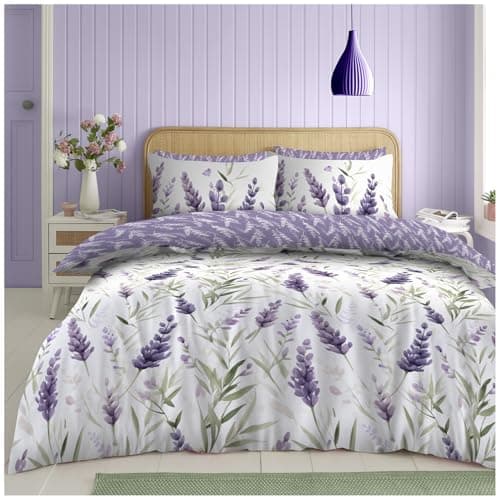 Image of GC GAVENO CAVAILIA Floral Bedding Double Bed Set (200x200 cm), Reversible Leaf Duvet Cover With Pillowcases, Breathable Bed Covers Double Bed, Lavender