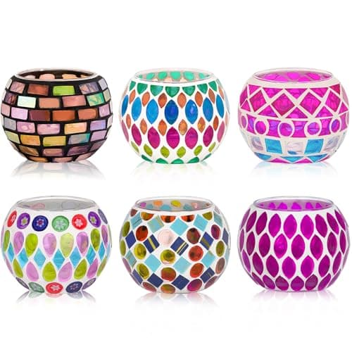 Image of Toptime Tea Light Candle Holders, Set of 6 Mosaic Glass Candle Holder Coloured Tealight Holders, Romantic Votive Candle Holder Handmade Round Candle Holders for Party, Wedding, Christmas Day