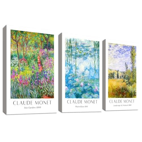 Image of 3 Pcs Wooden Framed Canvas Wall Art Set Claude Monet Water Lilies Painting on Canvas Prints Poster Vintage Impressionist Botanical Pictures for Living Room Bedroom Hallway Wall Decor 30x40 cm x3pcs