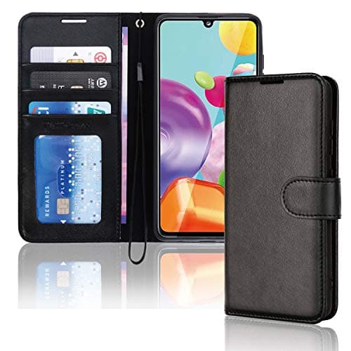 Image of TECHGEAR Galaxy A41 Leather Wallet Case, Flip Protective Case Cover with Wallet Card Holder, Stand and Wrist Strap - Black PU Leather with Magnetic Closure Designed For Samsung Galaxy A41