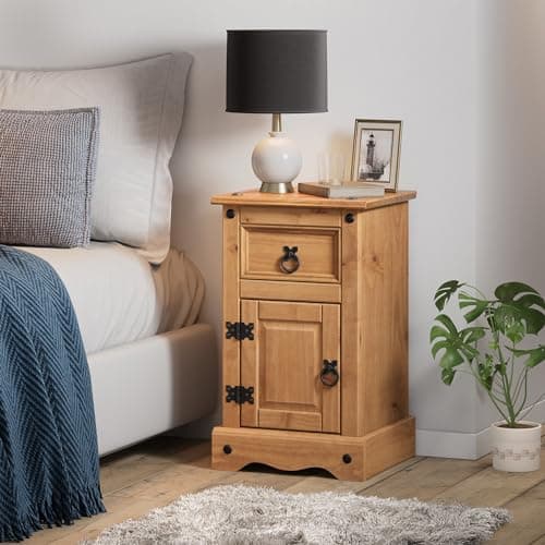 Image of Corona Bedside Cabinet Narrow 1 Door 1 Drawer Night Stand Solid Wood Pine Wooden Bedroom Pot Cupboard Lamp End Side Table Lounge Living Room Hallway Mexican Style 58cm High 35cm Wide 33cm Deep