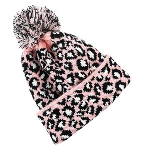 Image of Alipis Women Knitted Wool Hat with Leopard Printed Pattern, Warmth Retention and Not Easy to Shed Hair, Pink Winter Beanie for Christmas Parties and Shopping Malls