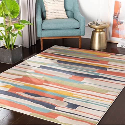 Image of Livabliss Atlanta Geometric Rug – Scandi Area Rug for Living Room, Dining & Kitchen, 160x220 cm, Neutral Abstract Pattern, Easy-Care Pile, Large Boho Rug in Orange, Blue and Beige