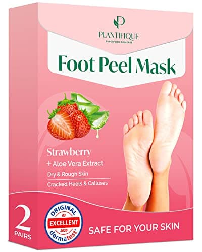 Image of Plantifique Foot Peel Mask – 2 Pairs Exfoliating & Dermatologically Tested Foot Treatment, Removes Dead Skin & Repairs Heels for Soft Feet – Strawberry Scent, Gift for Women & Men