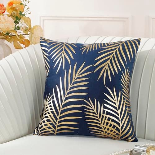 Image of TAOSON Pack of 2,Gold Pillow Covers Velvet Cozy Soft Gold Stamping Leaves Decorative Cozy Soft Throw Pillow Cases Cushion Covers Shells for Sofa Couch Bed Home Decoration 18 x 18 Inches Navy Blue