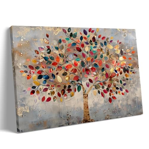 Image of Modern Abstract Tree Canvas Wall Art, Colorful Gold Foil Painting, Contemporary Textured Artwork for Living Room or Office, Framed Canvas Wall Decor 40x50cm Frame