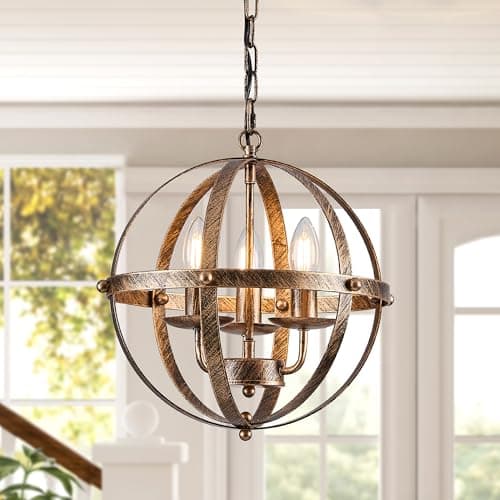 Image of Ganeed Pendant Light Industrial Globe Farmhouse Lighting Vintage Chandelier Spherical Hanging Ceiling Fixture for Kitchen Island Dining Table E14 Bronze 3 Light