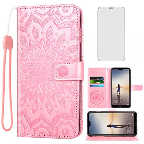 Image of Phone Case for Huawei P20 Lite Wallet Cases with Tempered Glass Screen Protector and Leather Slim Flip Cover Card Holder Stand Cell Accessories Huwai P20lite P 20 Haweii Nova 3E Women Rose Gold