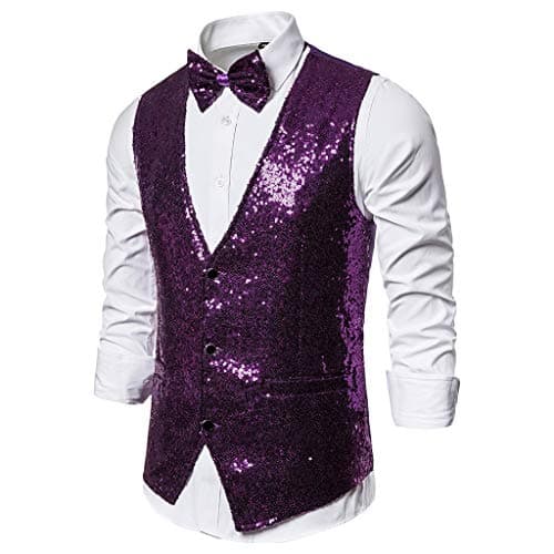Image of Générique Men's Shiny Sequins Blazer Disco Clothing Party Waistcoat Laces Comfort Jacket Men Flash for Dance Evening Carnival Design Glamour Iconic Streetwear Fashion Men, purple, XXL