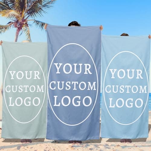 Image of Sleeleece Personalised Beach Towel with Logo,Personalised Towel For Family Company School,Microfiber Logo Beach Towel,Lightweight Absorbent Travel Swimming Towels For Camping Seaside Holiday Summer
