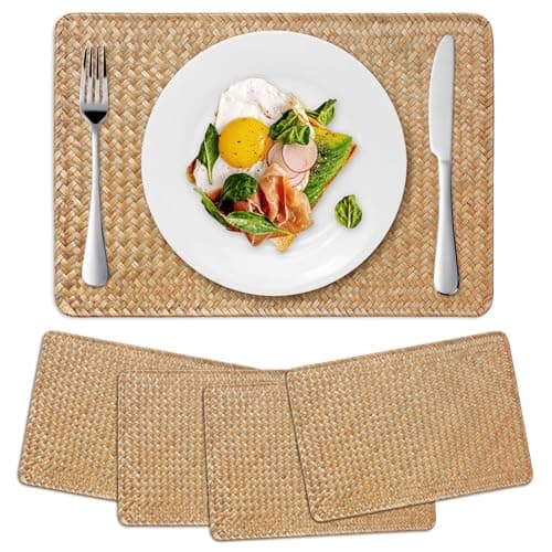 Image of 4 Pack Woven Placemats, Rectangular Rattan Place mats, Natural Seagrass Placemats, Farmhouse Wicker Table Mats for Dining Table