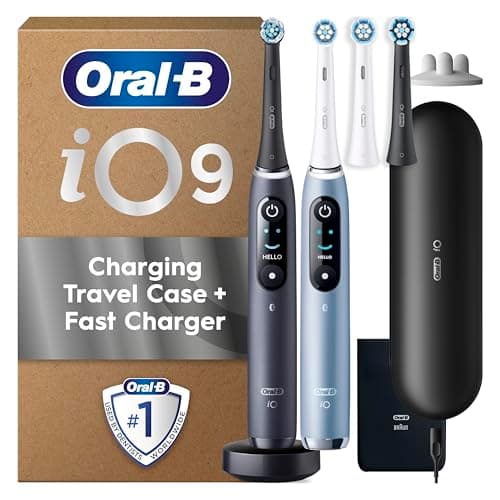 Image of Oral-B iO Series 9 Electric Toothbrush Duo Pack (Black and Aqua Marine), 2 Rechargeable Toothbrushes with 4 Replacement Heads, Charging Travel Case, Charger and Accessories, Designed by Braun