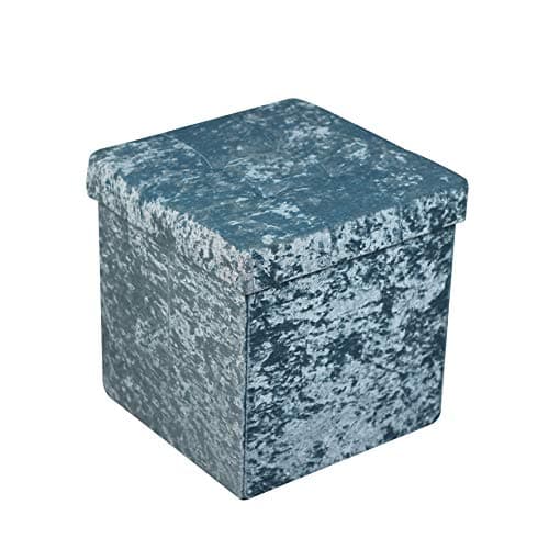 Image of HomeHarmony® Crushed Velvet Quilted Top Folding Storage Ottoman Seat, Stool, Toy Storage Box (Medium Teal)