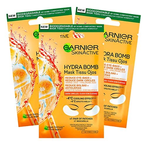 Image of 3x Garnier SkinActive Anti-Fatigue Eye Contour Mask with Orange Juice and Hyaluronic Acid for Dull and Tired Eyes Ice Effect - 3 Packs of 1 Application