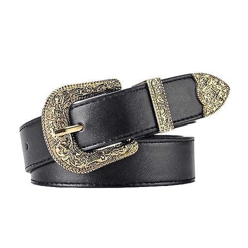 Image of JK Home Retro Floral Carved Metal Buckle Cowgirl Belt, 28mm Wide PU Leather Western Vintage Hollow Out Flower Buckle Cowboy Belt Adjustable Unisex Waistband for Jeans Pants Dresses Gold Black