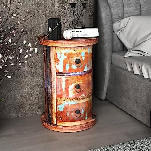 Image of ZQQLVOO Antique-Style Reclaimed Wood Round Cabinet with 3 Drawers, Solid Wood Storage with Iron Knobs and Ring-Pulls, Handmade Vintage Furniture for Home Decor