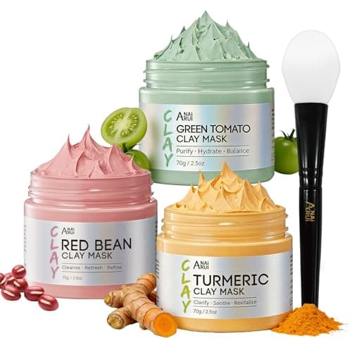 Image of ANAiRUi Clay Mask, Face Masks Skincare, Green Tomato Clay Mask + Turmeric Face Mask + Red Bean Refreshing Pore Mask - Deep Cleansing, Controlling Oil and Refining Pores, 210g