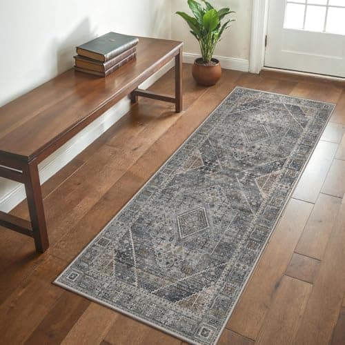Image of GENIMO Rug Washable Rugs Runner Rug 80x200CM,Oriental Ethnic Pattern Short Pile Boho Carpet with Non Slip Backing for Hallway,Kitchen Corridor Staircases, Grey,