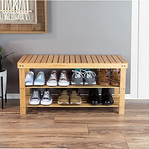 Image of Unibos Bamboo Shoe Bench 3 Tier Shoe Rack Storage Organiser Shoe Racks Storage Shelf Organizer Perfect For Entryway Living Room Hallway Holds Up To 8 Adult Shoes (Natural - 3 Tier Shoe Bench)