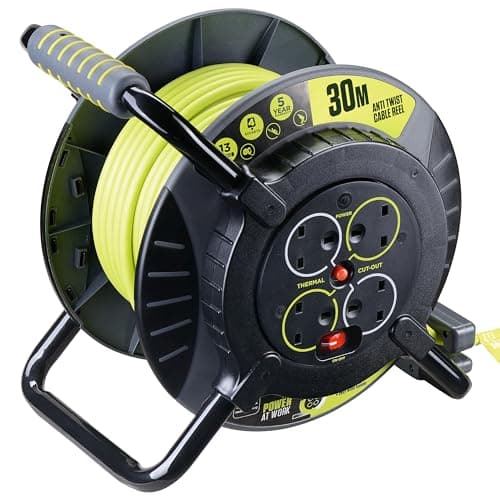 Image of Masterplug Pro-XT Four Socket Anti Twist Open Cable Reel Extension Lead with Winding Handle, Thermal Cut Out and Power Switch, 30 Metres High Visibility Cable