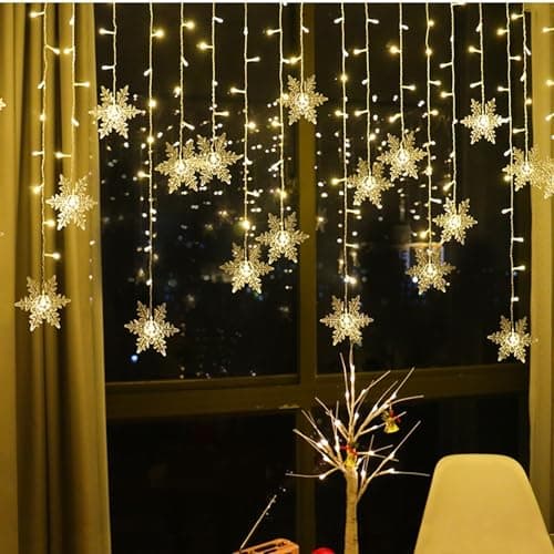 Image of OAICIA String Lights LED Fairy Light, 96 LED Curtain 3.5M Snowflake Waterproof IP44 Christmas Lights Plug in Lights for Outside Indoor Bedroom Party Fence Patio Wedding - Warm White