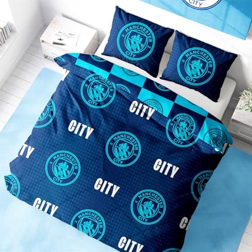 Image of Character World Manchester City Double Duvet Cover Set, Iconic Design | Blue Reversible 2 Sided Football Bedding Cover Official Merchandise Including Matching Pillow Cases