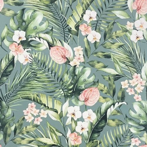 Image of SOPHIE LAURENCE Tropical Floral Wallpaper - Sea Breeze Blue, Pink Flowers, Green Palm Leaves, Smooth Matte Finish, Paper, 0.53m x 10.05m Roll, Wet Removable, Ideal for Living Room, Bedroom, Any Room