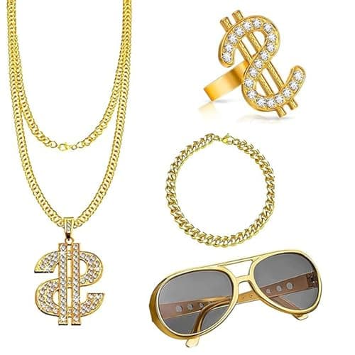 Image of 4Pcs Billionaire Boy Accessories, Dollar Sign Necklace, Rapper Costume, Fake Gold Chain, Pound Sign Glasses, Rings Chain Fancy Dress, Hip Hop Costume for Women, Men Carnival Theme Parties Role Play