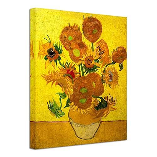Image of Wieco Art - Modern Abstract Flowers Giclee Canvas Prints Stretched and Framed Artwork Vase with Fifteen Sunflowers by Van Gogh Oil Paintings Reproduction Pictures on Canvas Wall Art for Home Décor